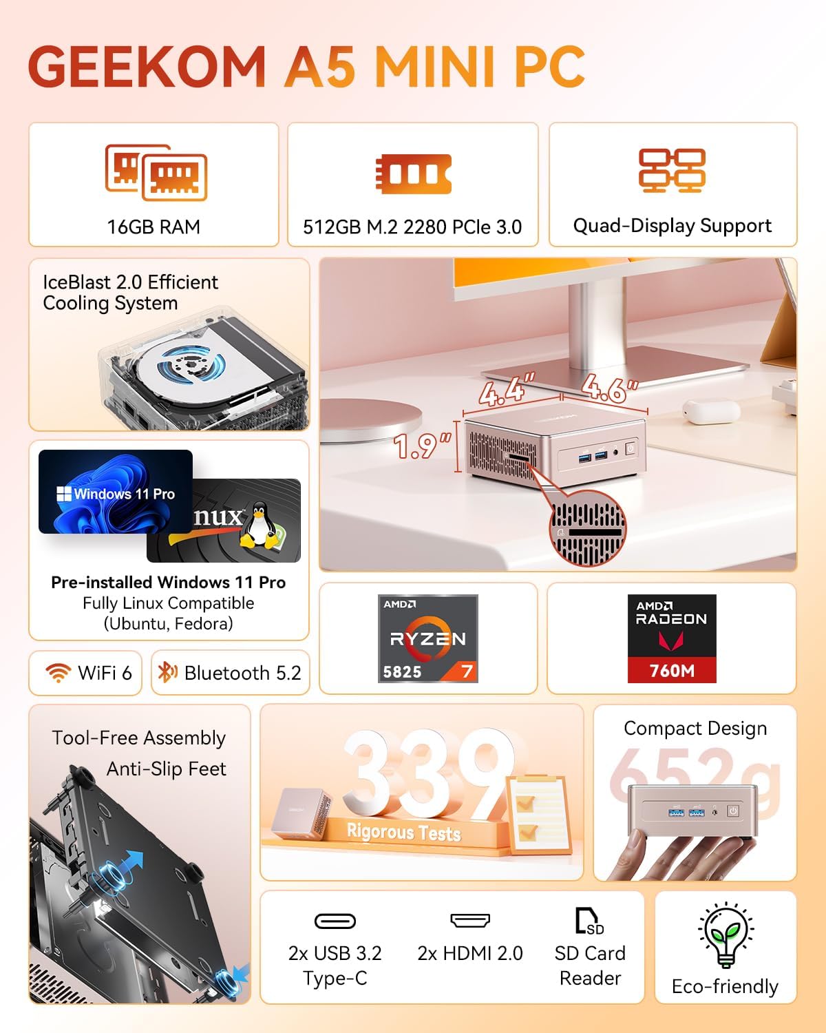 GEEKOM A5 Mini PC 2026 with AMD Ryzen 7 5825U  16GB DDR4(Not LPDDR)  512GB NVMe SSD  2.5" SATA HDD  Radeon Vega 8 Graphics  Windows 11 Pro  8K Quad Display  Dual HDMI  6XUSB  SD 4.0 Slot