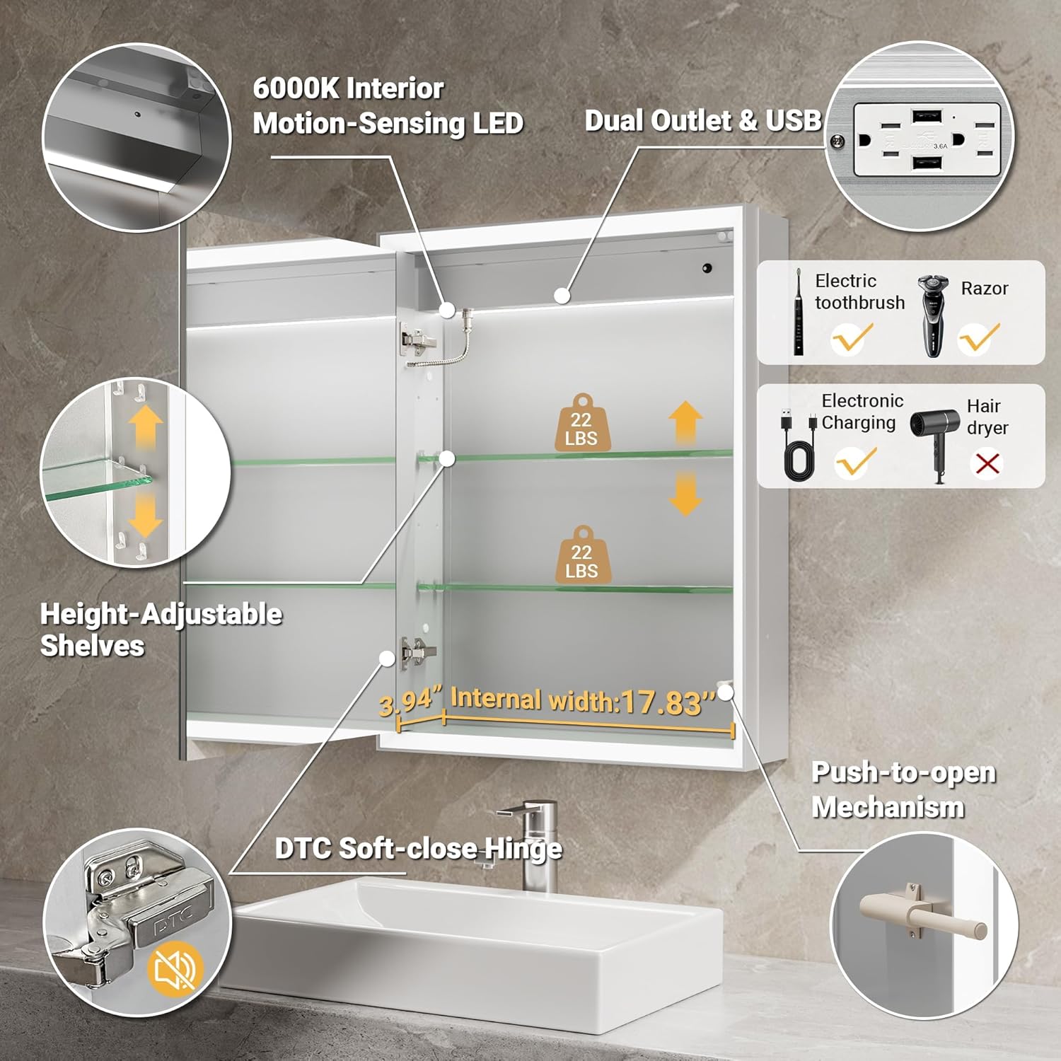 Beveled Lighted Medicine Cabinet with Mirror & Lights -20x26 Surface or Recessed Mirrored Medicine Cabinet with Outlet & Clock, Anti-Fog Dimmable LED Storage Cabinet, Built-in Sensor Light