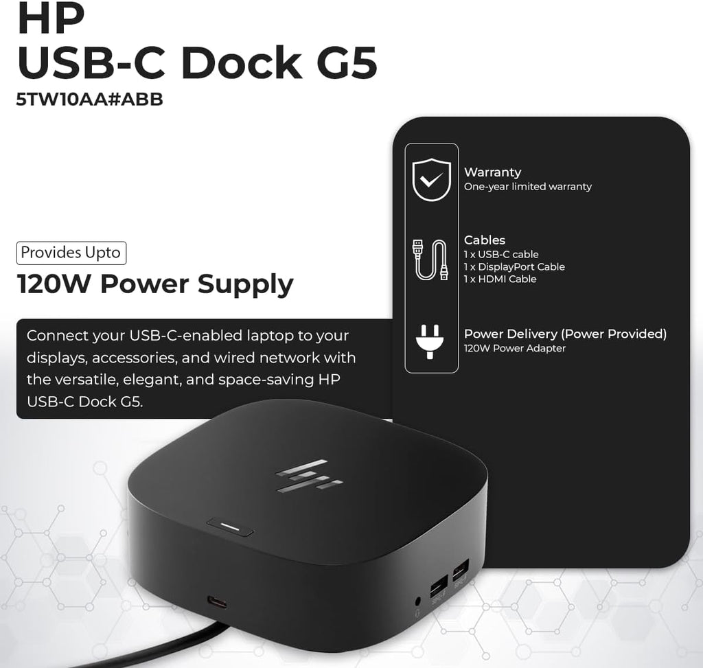 HP Docking Station for Laptop Dual Monitor and Charging Bundle - HP USB-C G5 Dock 5TW10AA / 5TW10UT / 5TW10AA#ABB with 120W Adapter  HDMI  DisplayPort  USB-C Cables & Microfiber Cleaning Cloth