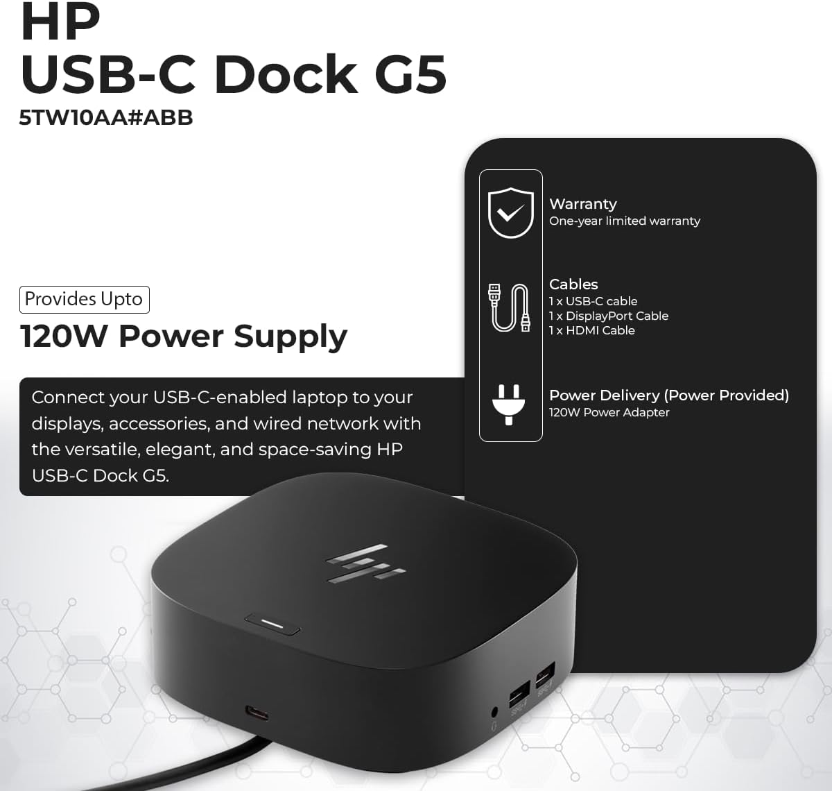 HP Docking Station for Laptop Dual Monitor and Charging Bundle - HP USB-C G5 Dock 5TW10AA / 5TW10UT / 5TW10AA#ABB with 120W Adapter  HDMI  DisplayPort  USB-C Cables & Microfiber Cleaning Cloth