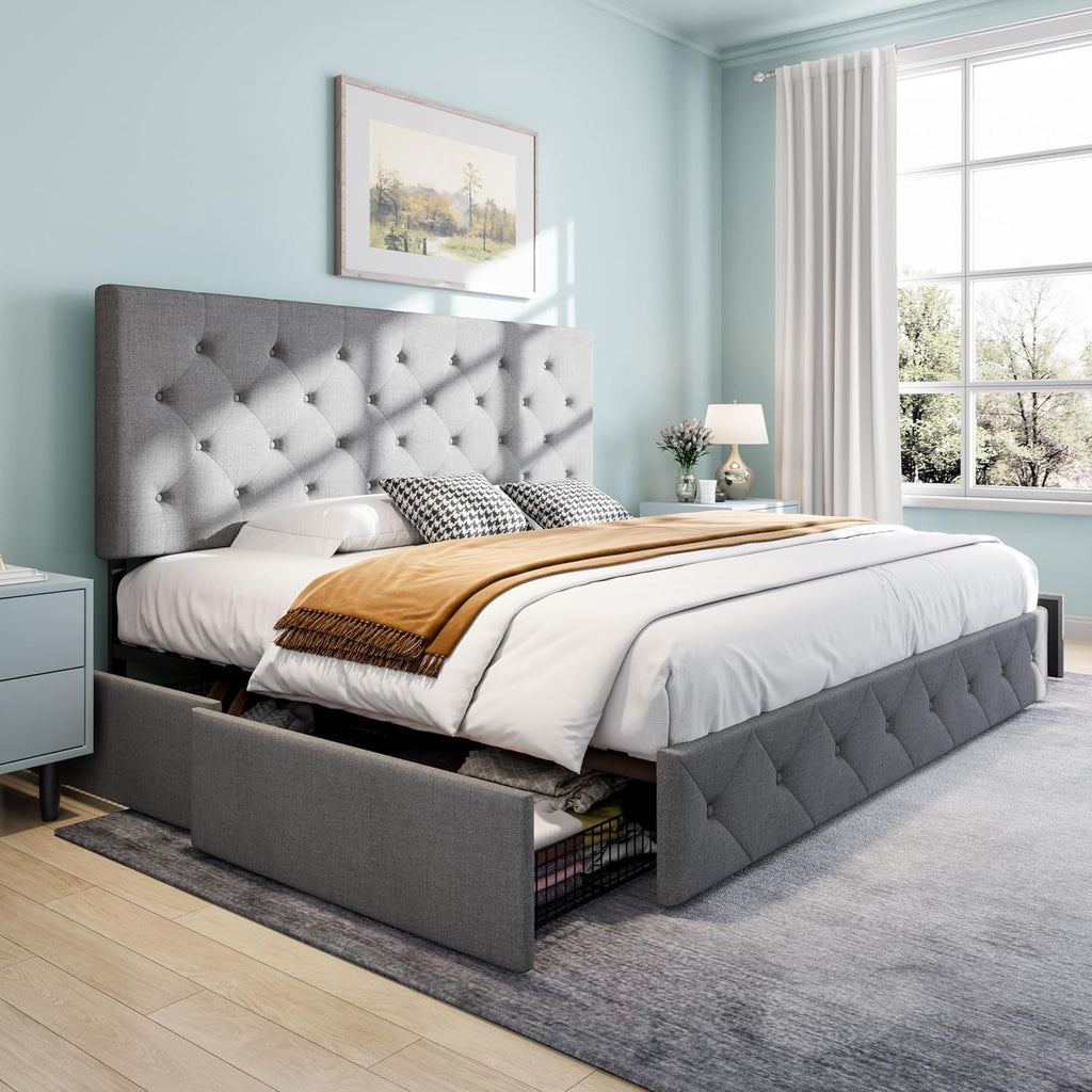 SHA CERLIN Upholstered King Size Platform Bed Frame with 4 Storage Drawers, Adjustable Headboard with Diamond Stitched Button Tufted Design, Wooden Slat Support, No Box Spring Needed, Light Grey