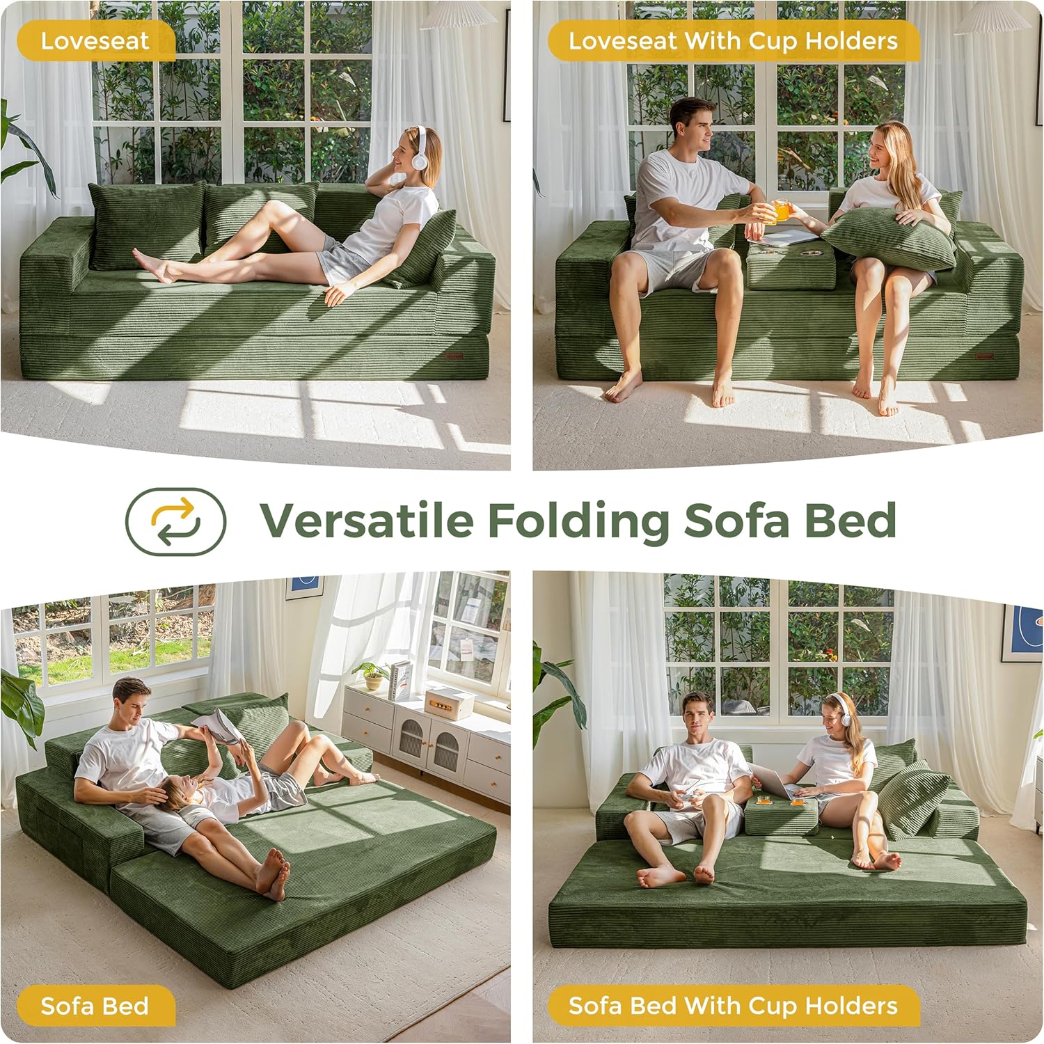 MAXYOYO Convertible Sofa Bed, 80" Oversized Boneless Loveseat Couch 4 in 1 Foldable Floor Sofa Couch in A Box with 2 Cup Holders, Folding Sleeper Chair for Living Room, No Assembly Required, Green