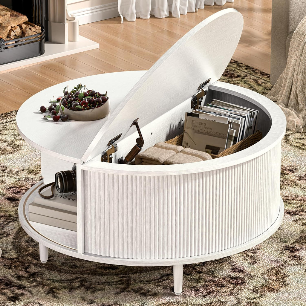 Round Coffee Table, 31.5" Fluted Center Table with Storage, Lift-Top Coffee Table with Adjustable Footpads, Sliding Door, Mid-Century Modern Center Table for Living Room, Small Space (White)
