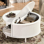 Round Coffee Table, 31.5" Fluted Center Table with Storage, Lift-Top Coffee Table with Adjustable Footpads, Sliding Door, Mid-Century Modern Center Table for Living Room, Small Space (White)