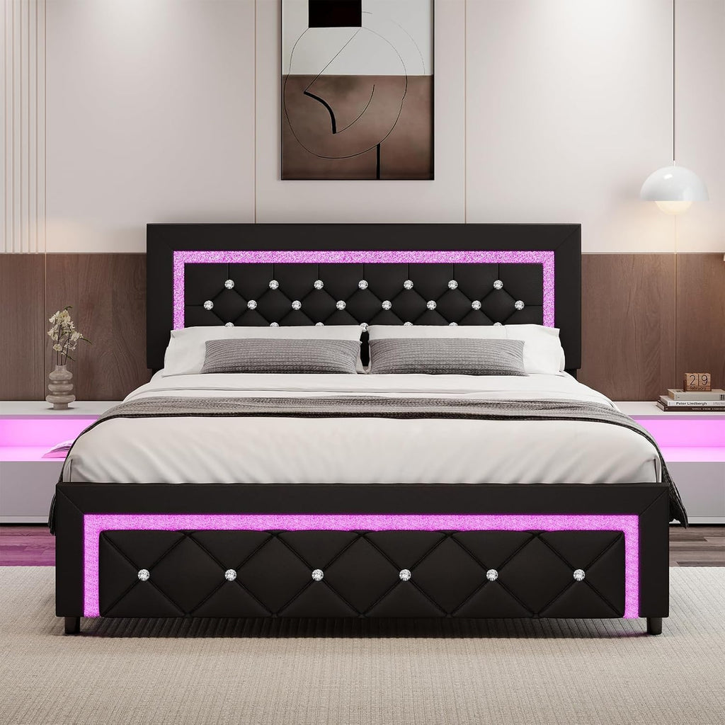 BarnFurin Queen Size Bed Frame with LED Lights, Upholstered Platform Bed with Diamond Tufted Headboard, No Box Spring Needed, Noise Free, Easy Assembly, Black