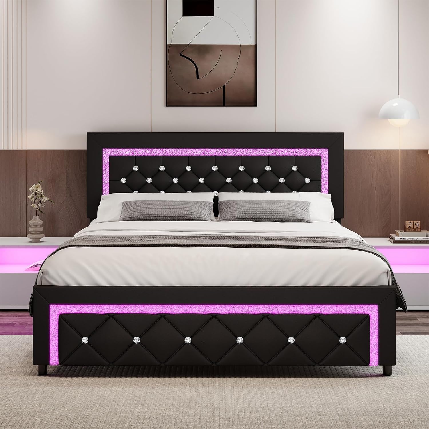 BarnFurin Queen Size Bed Frame with LED Lights, Upholstered Platform Bed with Diamond Tufted Headboard, No Box Spring Needed, Noise Free, Easy Assembly, Black