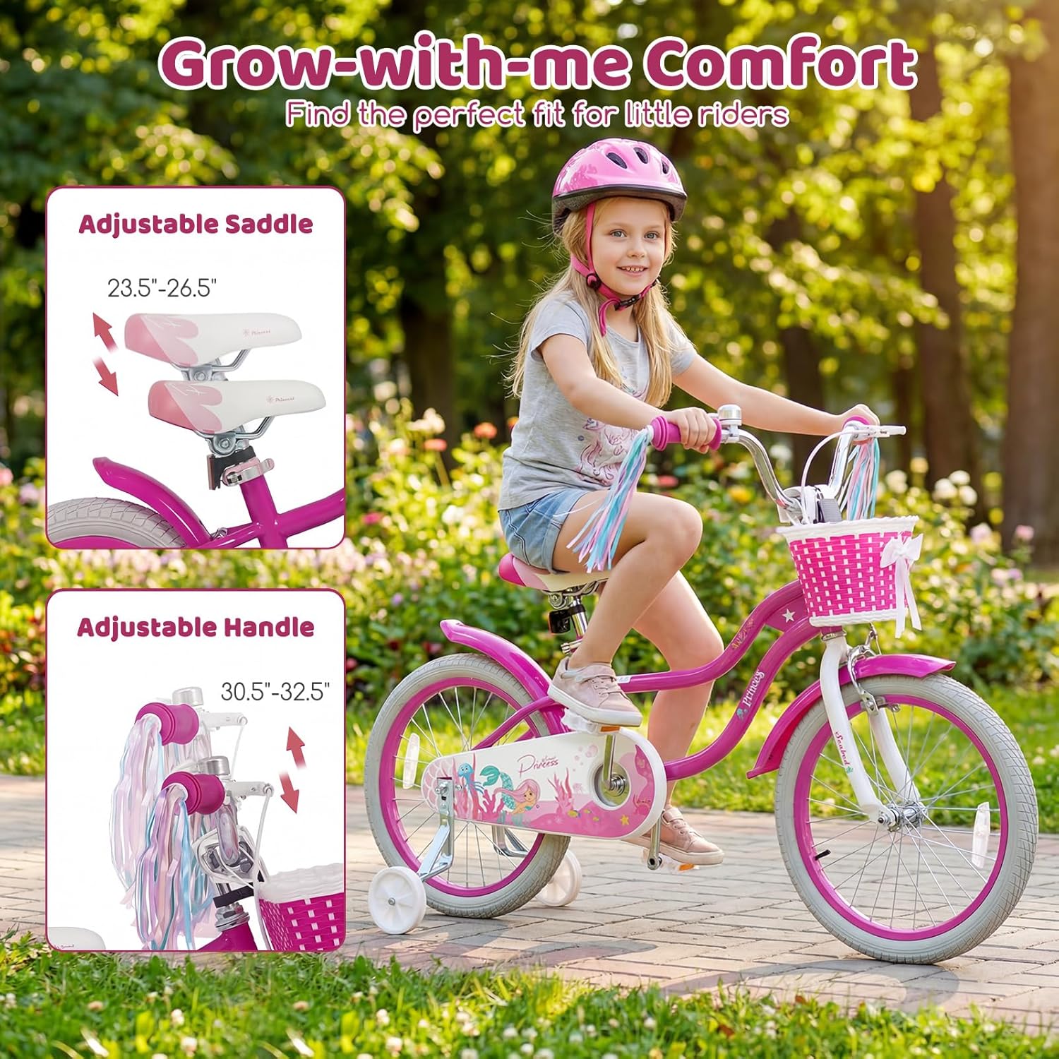 BABY JOY Kids Bike, 12" 14" 16" 18" Mermaid Girls Bike for 3-8 Years Old w/Basket, Training Wheels, Hand & Coaster Brakes, Adjustable Seat & Handlebar, 20" Children Bicycle with Kickstand for 8+