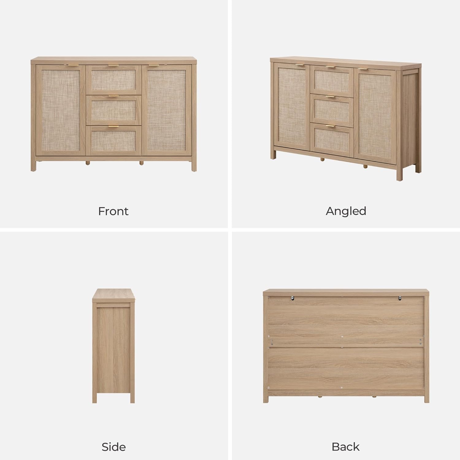 SICOTAS 52" Larger Sideboard Buffet Coffee Bar Cabinet with Storage - Farmhouse Rattan Credenza Storage Cabinet with 3 Drawers and 2 Doors, Boho Console Table for Living Room, Kitchen, Light Oak
