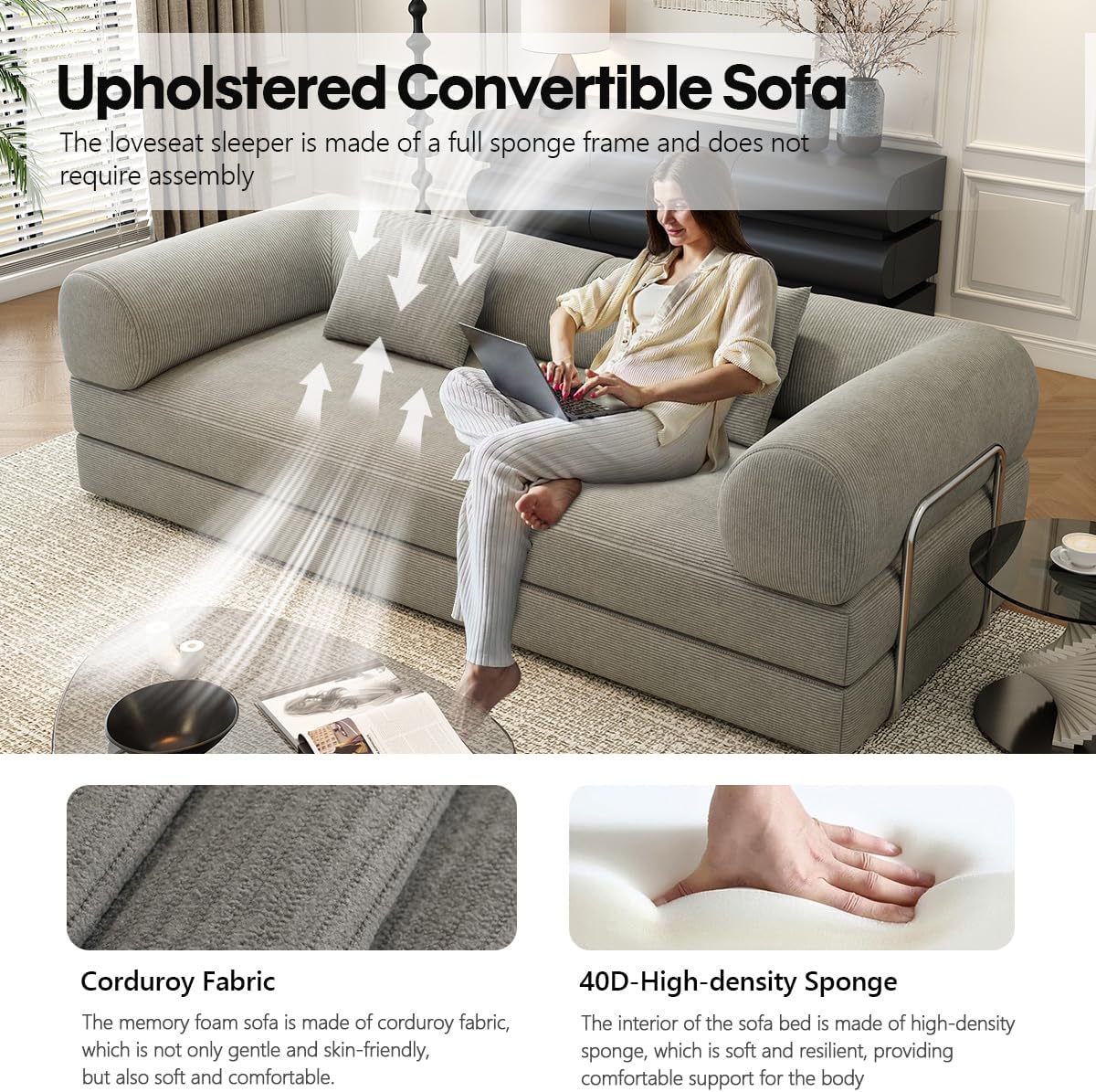 78.8" Modular Sofa Bed - 4-in-1 Convertible Design with Corduroy Fabric and High Density Sponge, Removable Cover and Fixed Frame