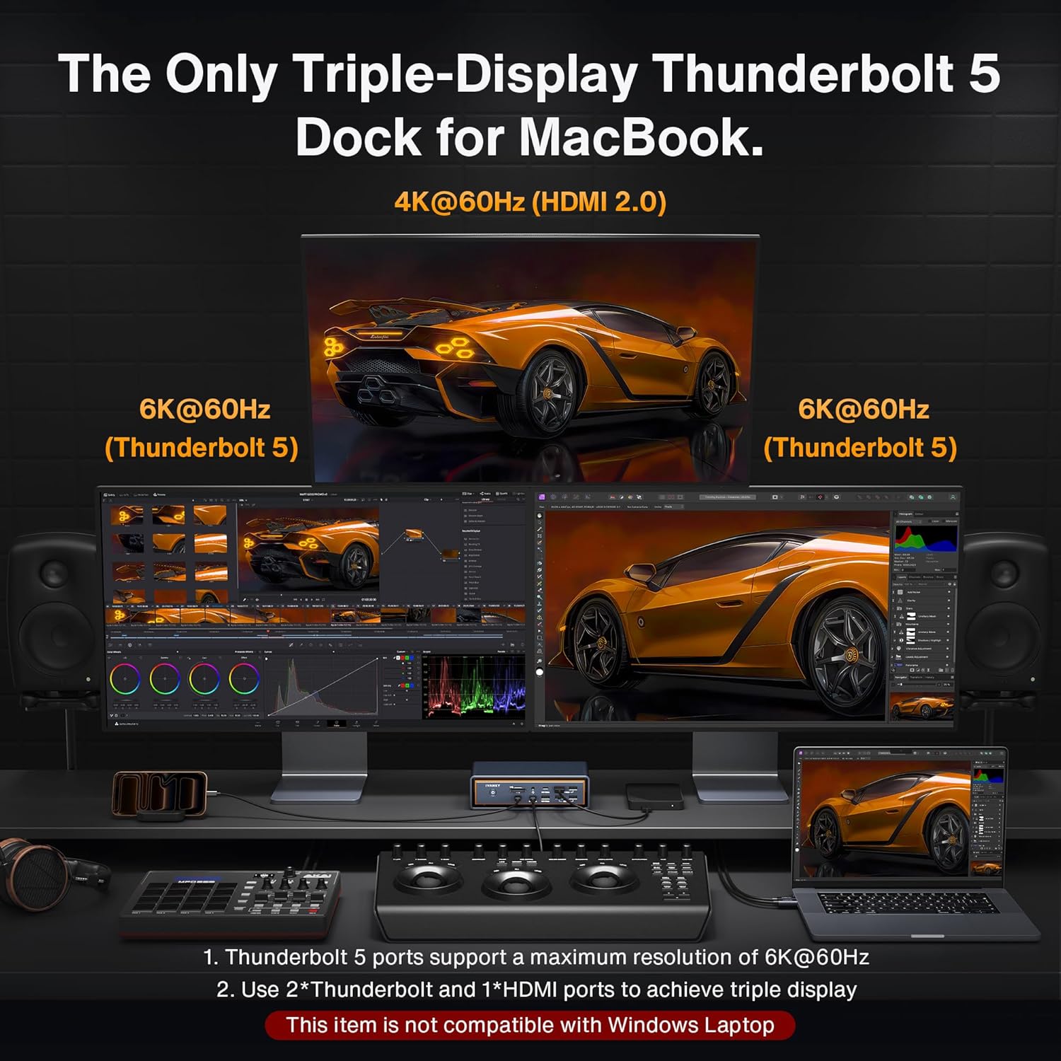 iVANKY 23-in-1 Intel Certified Thunderbolt 5 FusionDock Max 2  120Gbps MacBook Docking Station  Triple 6K@60Hz Display for Mac M1-M5 Pro/Max  140W PD  2.5GbE  Cooling Fan (Incompatible with Windows)