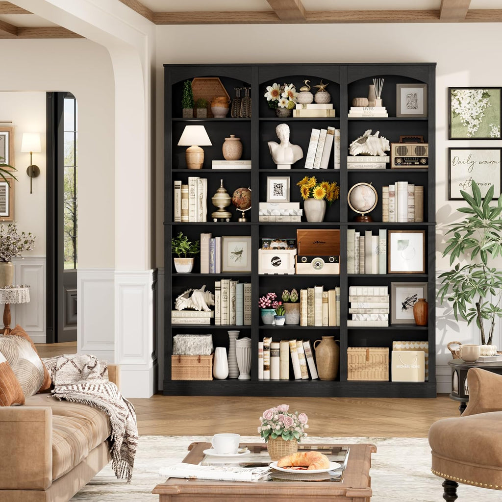 FACBOTALL 71" Triple Wide Bookshelf, 6 Tier Tall Bookshelf, Large Book Shelf with Curved Baffle, 63.4" Wide Bookcase with 18 Open Display Shelves for Living Room, Study, Black