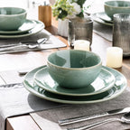 GBHOME Dinnerware Sets with Double Bowls for 6, 24 Pieces Stoneware Plates and Bowls Set, Scratch Resistant Ceramic Dishes Set, Dishwasher & Microwave Safe-Malachite Green