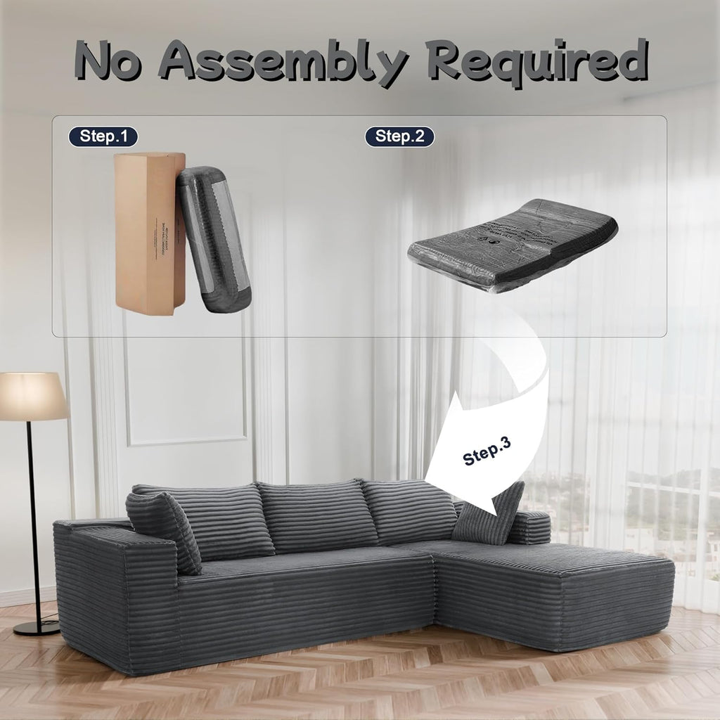 Cloud Sectional Couch, 105” Fluffy Modular L-Shape Sofa with Left Chaise Lounge, Modular Sectional Sofa in a Box, Boneless Couch for Living Room, No Assembly Required, Flannel Gray