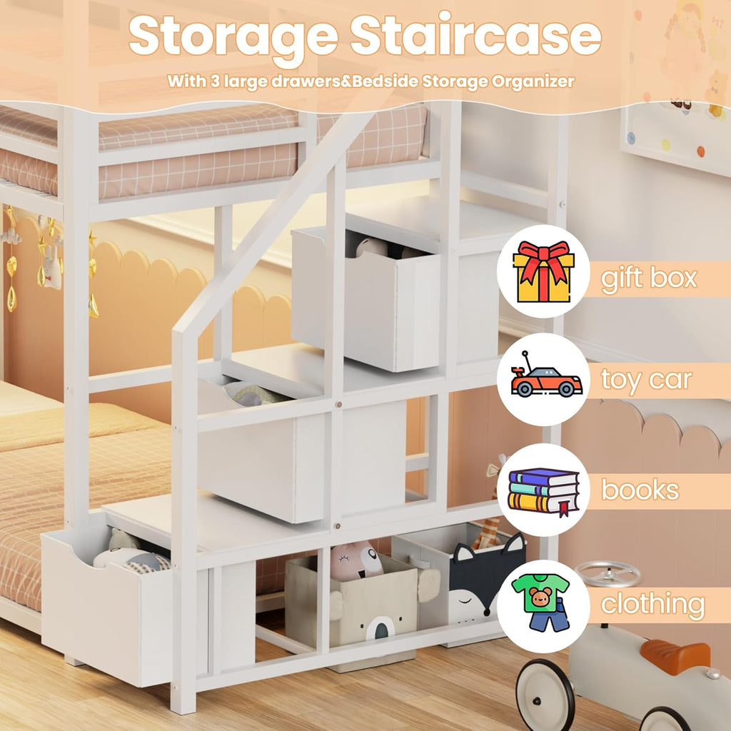 Low Bunk Bed Twin Over Twin with Storage Staircase, RGB LED Lights, Drawers & Shelves, Metal Bunk Beds for Kids with Power Outlet, Double Full-Length Guardrails & Metal Slats for Small Space, White