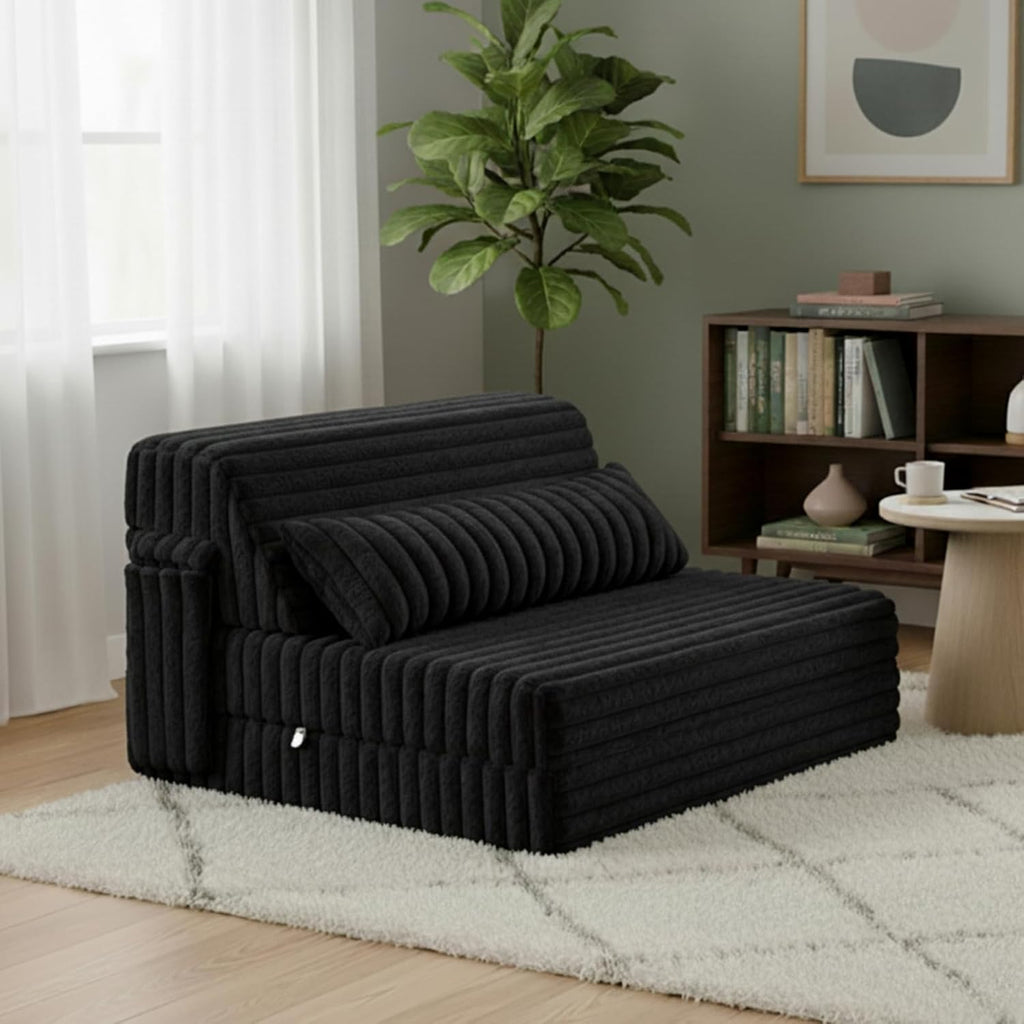Tiita Folding Sofa Bed Twin Size, Convertible Sleeper Chair Mattress with Pillow, Thick Corduroy Floor Mattress Couch Bed with Side Pocket, Guest Room, Dorm, Apartment, Balck