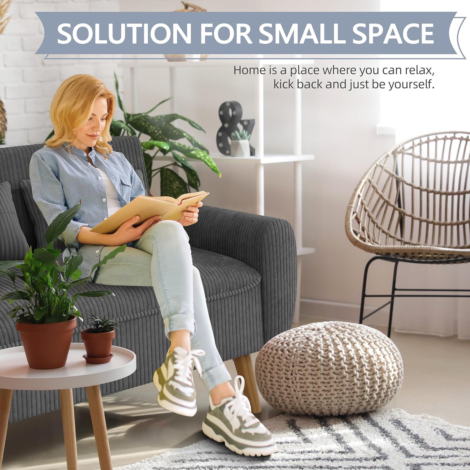 Shintenchi Small Modern Loveseat Couch Sofa, Mid Century Fabric Upholstered 2-Seat Sofa Couch Love Seats Furniture for Small Space, Dark Grey