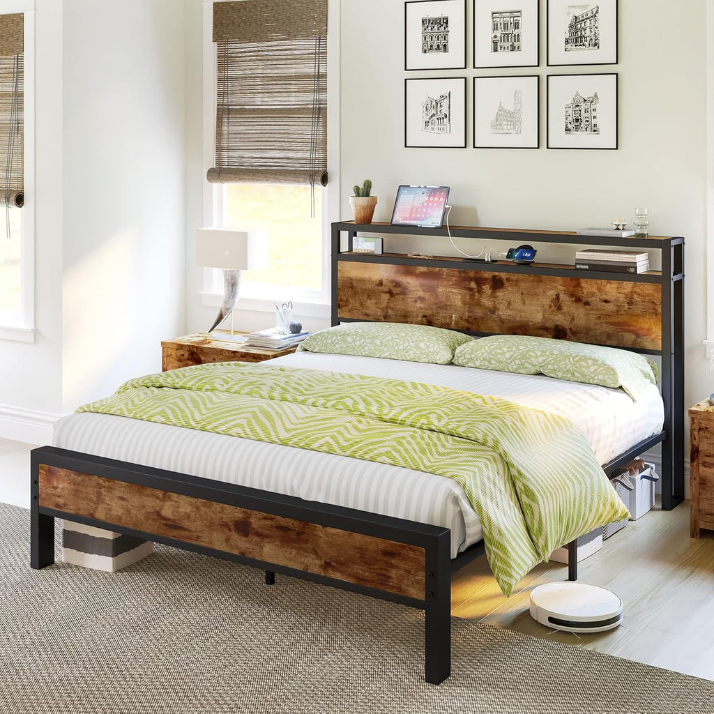 Queen Size Bed Frame, Platform Bed Frame with 2-Tier Storage Headboard and Charging Station/No Box Spring Needed/Noise Free/Industrial/Rustic Brown