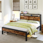 Queen Size Bed Frame, Platform Bed Frame with 2-Tier Storage Headboard and Charging Station/No Box Spring Needed/Noise Free/Industrial/Rustic Brown
