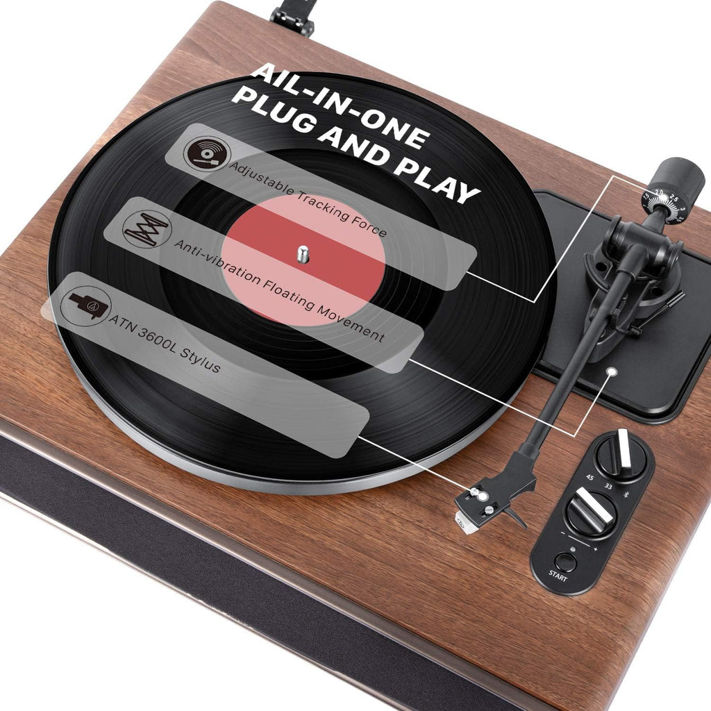 1 by ONE High Fidelity Belt Drive Turntable with Built-in Speakers  Vinyl Record Player with Magnetic Cartridge  Wireless Playback and Aux-in Functionality  Auto Off