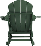 KINGYES Adirondack Rocking Chair with Retractable Ottoman and Cup Holders, HDPE Adirondack Rocker Patio Rocking Chair for Porch, Patio, Balcony, Dark Green