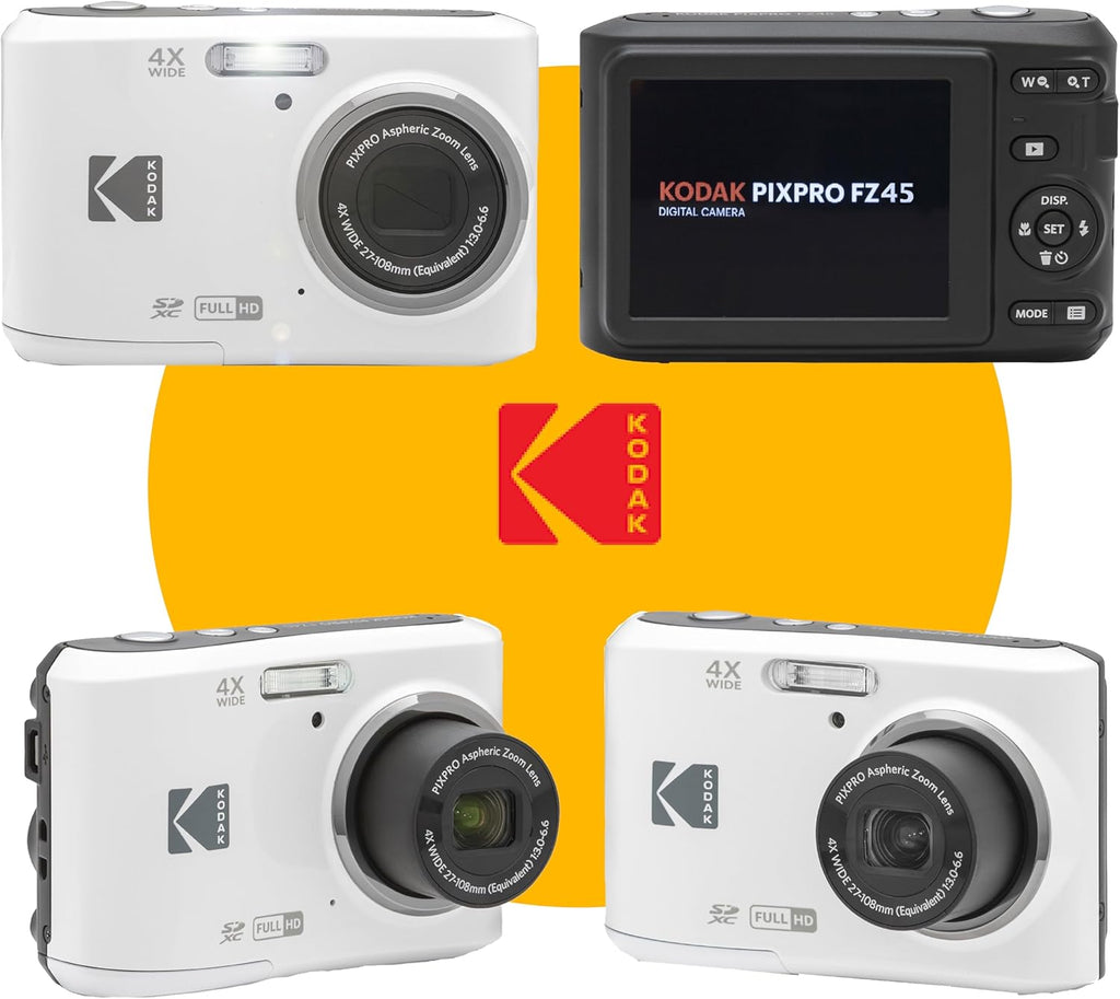 KODAK PIXPRO FZ45 16MP Digital Camera with 4X Optical Zoom 27mm Wide Angle and 2.7" LCD Screen Bundle with 32GB SD Memory Card  AA Batteries (4 Pack)  Lens Cleaning Cloth (White)