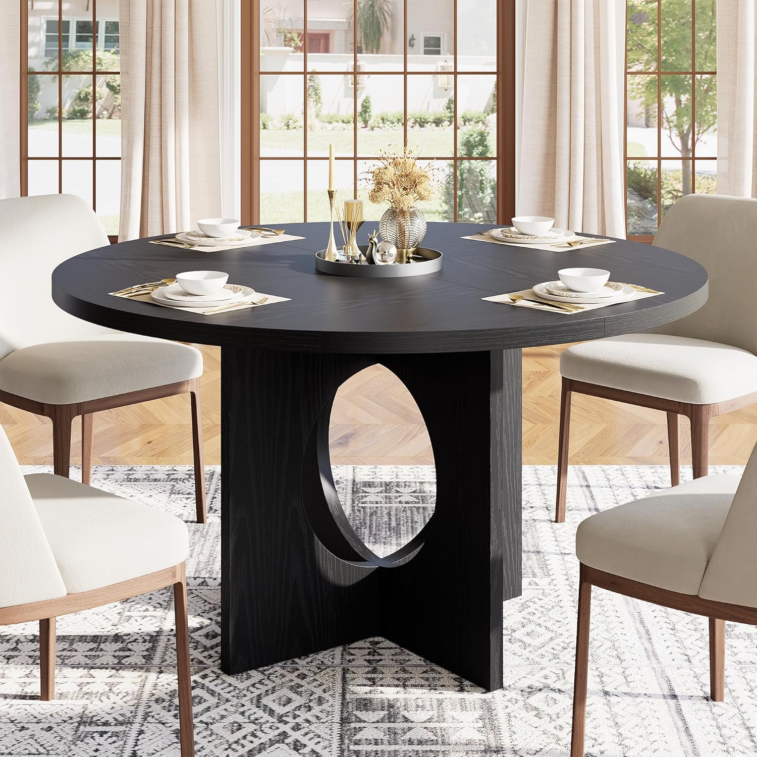 Garvee 47" Round Dining Table for 4-6 People - Circle Kitchen Dinner Table with Sturdy Pedestal Base, Space Saving Dinning Room Furniture for Living Room, Kitchen, Apartment, Black