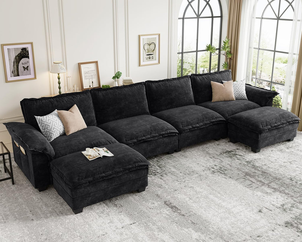 KKL U-Shaped Modular Sectional Sofa, 6 Seater Cloud Couch with Ottoman, Chenille Sectional Couches for Living Room, Apartment, Black