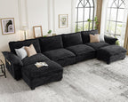 KKL U-Shaped Modular Sectional Sofa, 6 Seater Cloud Couch with Ottoman, Chenille Sectional Couches for Living Room, Apartment, Black