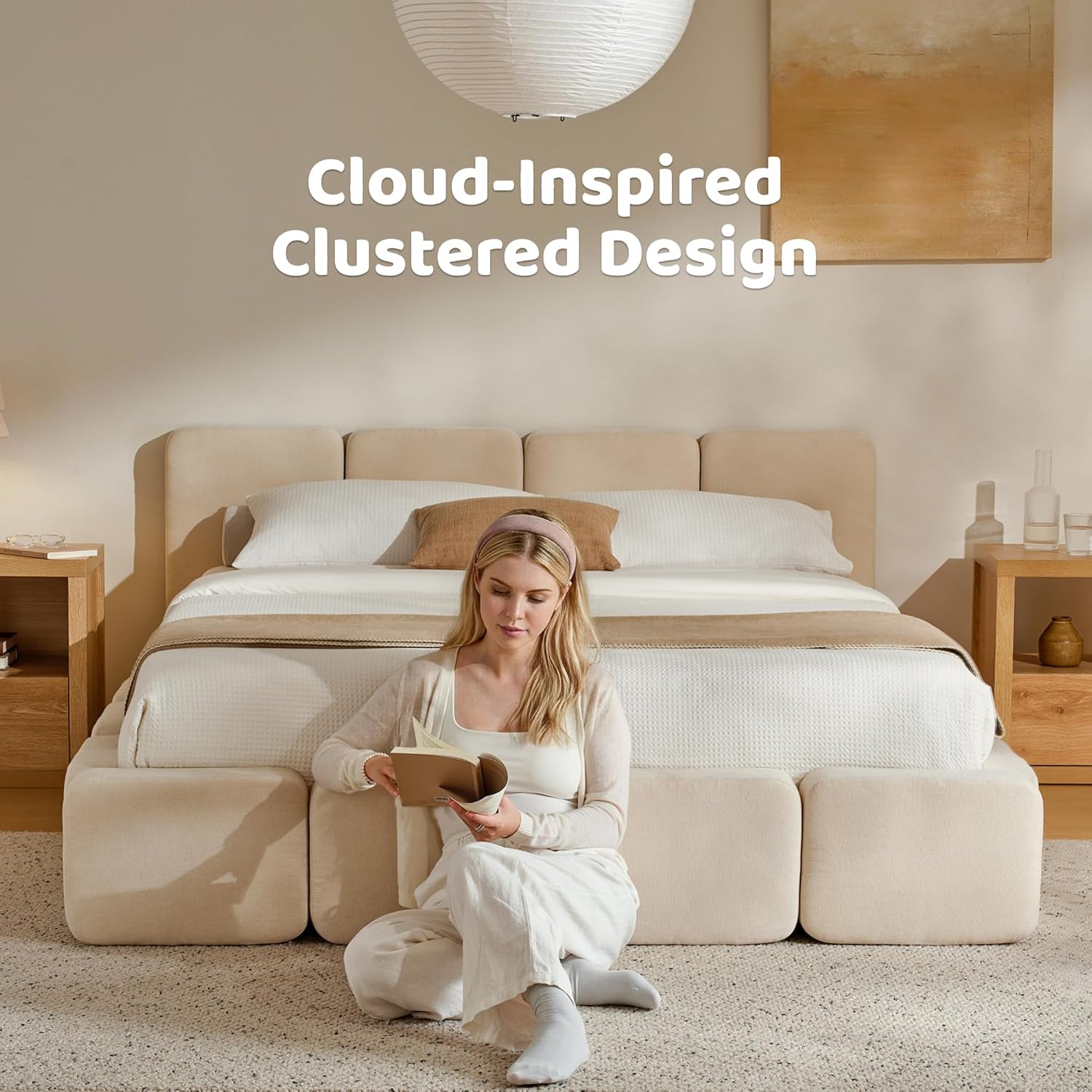 RECCI Cloud King Upholstered Platform Bed Frame, Low Profile Grounded Design with Plush Headboard & Footboard, Wood Slat Support, Noise-Free, No Box Spring Required, Beige