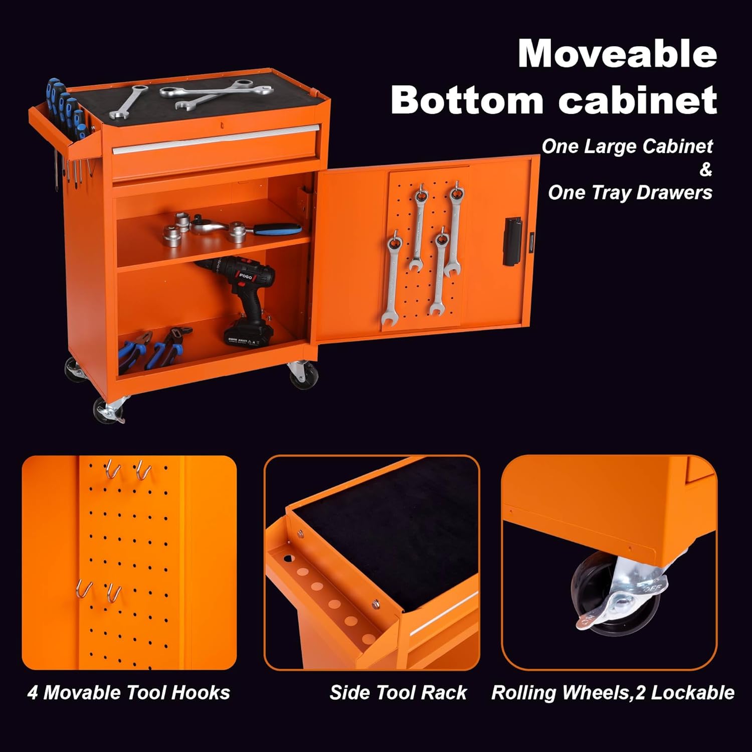 5 Drawers Tool Cart on Wheels with 1 Cabinet, Multifunctional Removable Rolling Tool Box Storage Set, Tool Trolley Organizer Tool Chest for Garage,Repair Shop,Warehouse,Workshop (Orange)