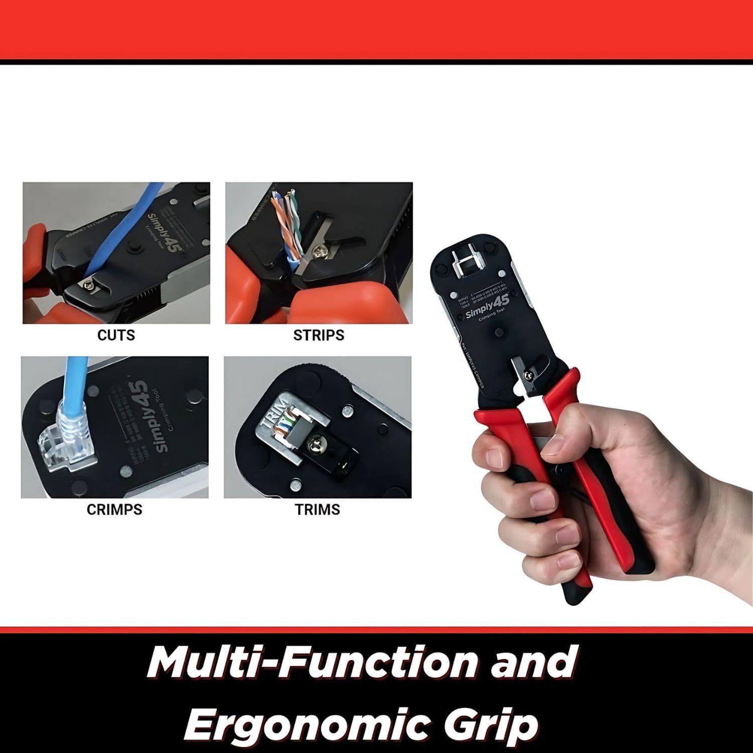 Simply45 Pass-Through RJ45 Crimp Tool for Unshielded and Internal Ground Shielded Pass-Through RJ45 Modular Plugs - Built-In Stripper/Cutter - S45-C100
