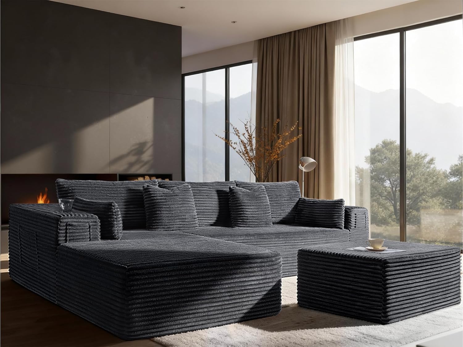 108" Cloud Sectional Couch, Comfort U Shaped Boneless Couch for Living Room, Extra Deep Seats No Assembly, Minimalist Modular Sofa, Corduroy (Dark Grey, 2 Seater+Left Facing Chaise+Ottoman)