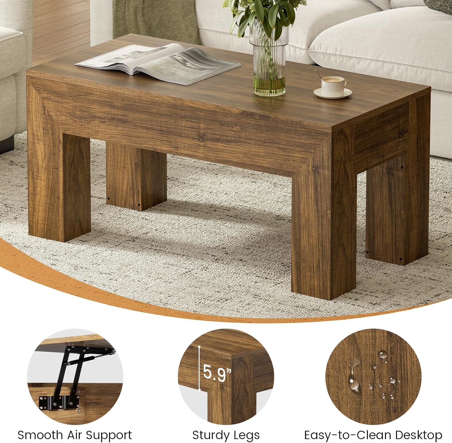 FABATO 41.7'' Lift Top Coffee Table, Wooden Rectangle Coffee Table with Hidden Storage, Large Center Table Adjustable Height Sofa Table for Living Room Office Apartment, Brown