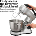 Hamilton Beach Electric Stand Mixer, 4 Quarts, Dough Hook, Flat Beater Attachments, Splash Guard, 7 Speeds with Whisk, Easy-Carry Top Handle, Silver