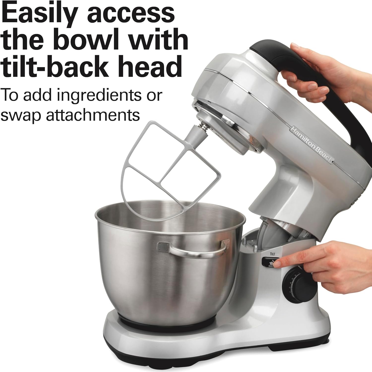 Hamilton Beach Electric Stand Mixer, 4 Quarts, Dough Hook, Flat Beater Attachments, Splash Guard, 7 Speeds with Whisk, Easy-Carry Top Handle, Silver