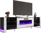 AMERLIFE Fireplace TV Stand with 40" Fireplace, 80" Modern Entertainment Center with High Gloss Doors & LED Lights, U-Shaped Legs TV Console Cabinet for TVs Up to 90", Black TV Stand White Fireplace