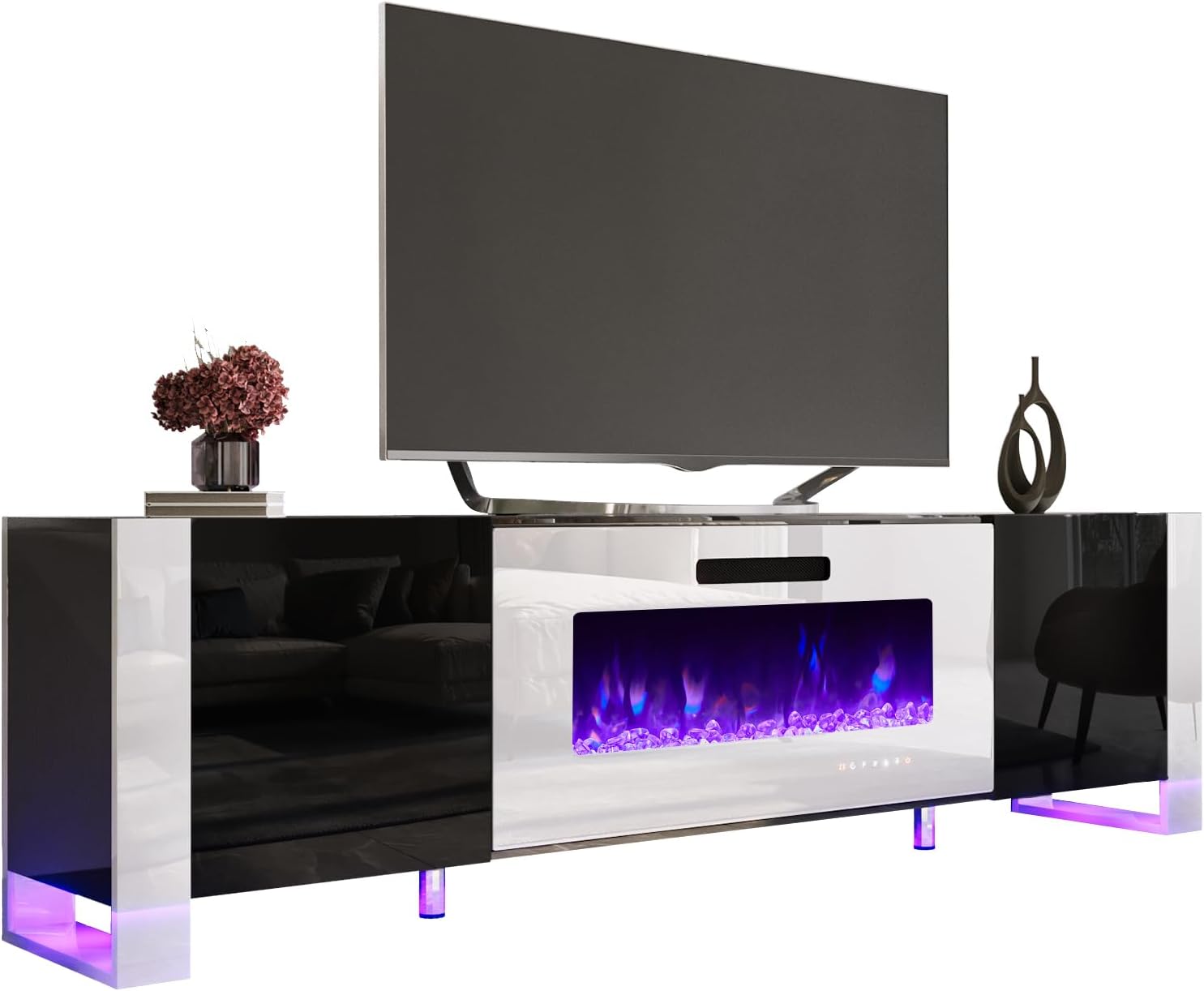 AMERLIFE Fireplace TV Stand with 40" Fireplace, 80" Modern Entertainment Center with High Gloss Doors & LED Lights, U-Shaped Legs TV Console Cabinet for TVs Up to 90", Black TV Stand White Fireplace