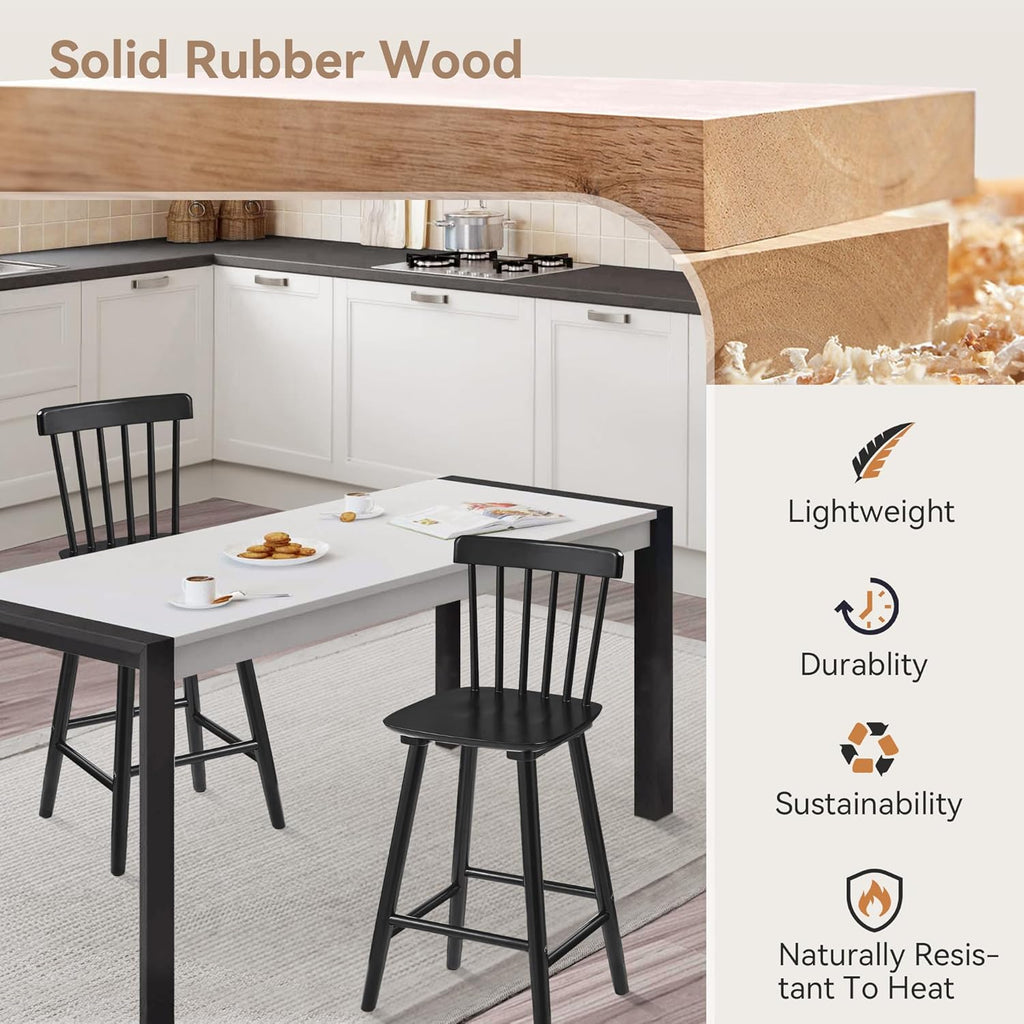 LUE BONA Windsor Wooden Bar Stools Set of 4 for Kitchen Island, Farmhouse 24 Inch Counter Height Stools Chairs with Spindle Back, Black