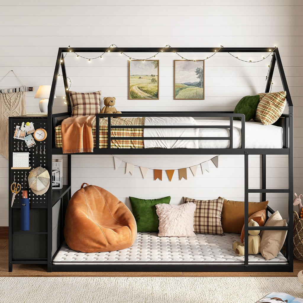 LIKIMIO Bunk Bed Twin Over Twin, House Bed Frame with 6 Storage Drawers,Hall Tree, Twin Bed with Metal Slats for Dormitory and Bedroom, Space Saving, No Box Spring Needed, Black