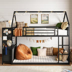 LIKIMIO Bunk Bed Twin Over Twin, House Bed Frame with 6 Storage Drawers,Hall Tree, Twin Bed with Metal Slats for Dormitory and Bedroom, Space Saving, No Box Spring Needed, Black