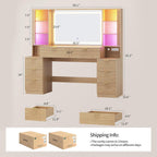 Big Vanity, Fluted Wood Makeup Vanity Desk with Mirror and Sound Sync LED Lights, Large Vanity Dressing Table, 8 Drawers, Charging Station for Girls, Women (Oak, 59.1" Width)