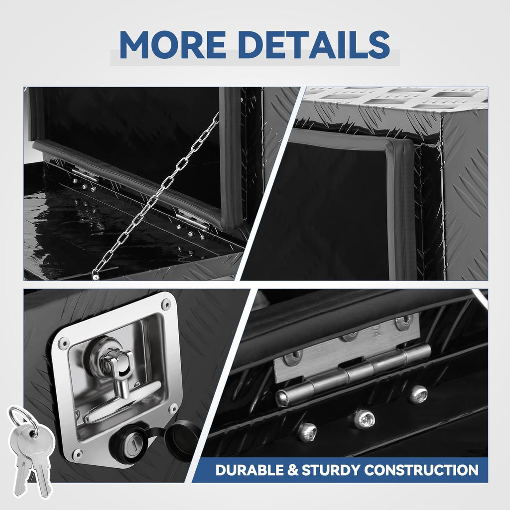 Underbody Truck Box, 24'' D x 17.7"W x 18.1"H Pickup Storage Box, Heavy Duty Aluminum Diamond Plate Tool Box with Lock and Keys, Waterproof Trailer Storage Box with T-Handle Latch - Black