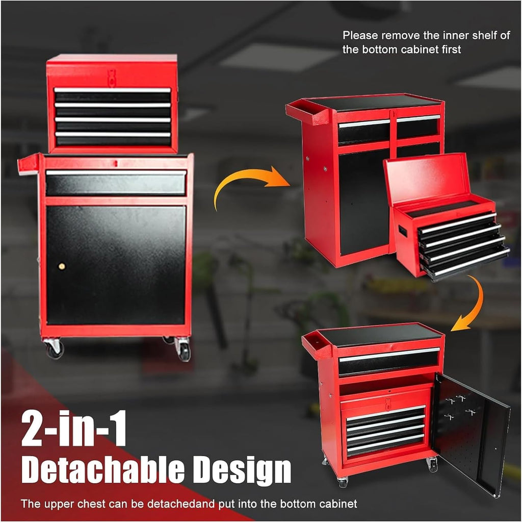 5-Drawer Rolling Tool Chest, 2 in 1 Tool Storage Cabinet with Detachable Top, Steel Tool Box with Wheels, Red and Black, Lockable, for Garage Workshop
