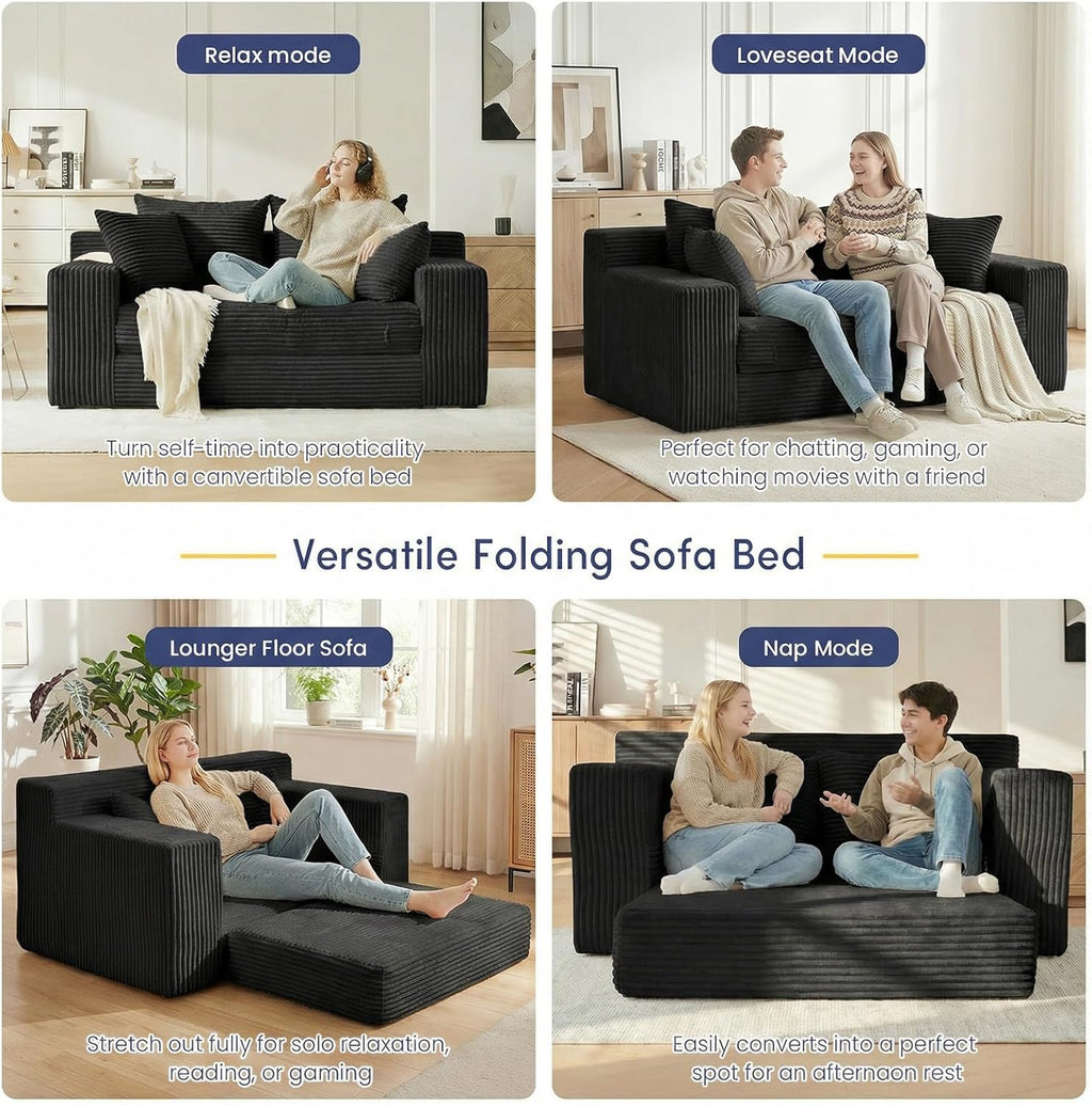 Boneless Couch Loveseat Sleeper, Convertible Sofa Bed Folding Couch Bed Foldable, 2 in 1 Boneless Chair Bed & Futon Sofa Bed, Small Pull Out Sofa with 4 Pillows for Living Room, Black | No Assembly, Convertible, 2 in 1, Pull Out Handle, 4 Pillows