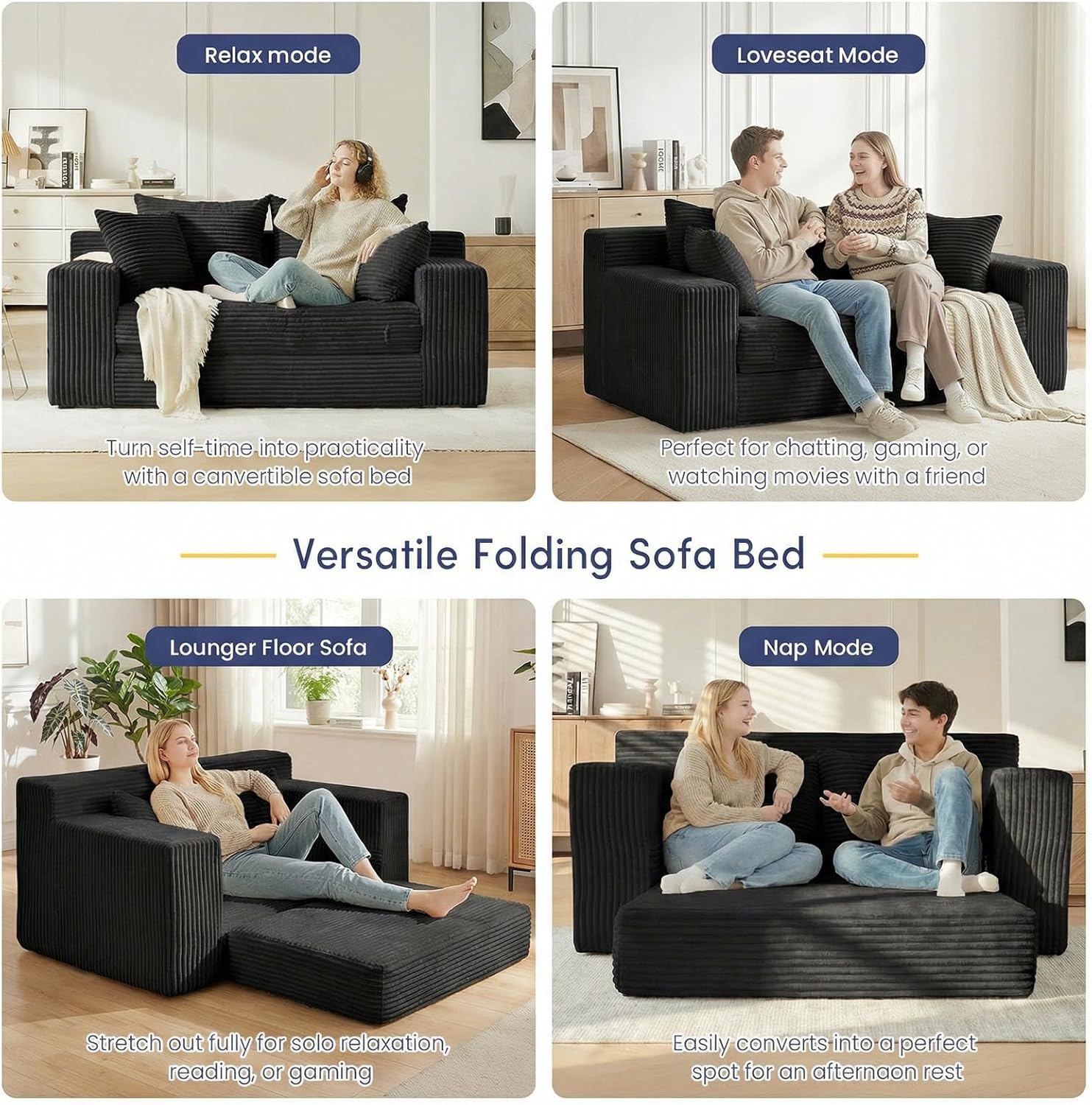 Boneless Couch Loveseat Sleeper, Convertible Sofa Bed Folding Couch Bed Foldable, 2 in 1 Boneless Chair Bed & Futon Sofa Bed, Small Pull Out Sofa with 4 Pillows for Living Room, Black | No Assembly, Convertible, 2 in 1, Pull Out Handle, 4 Pillows