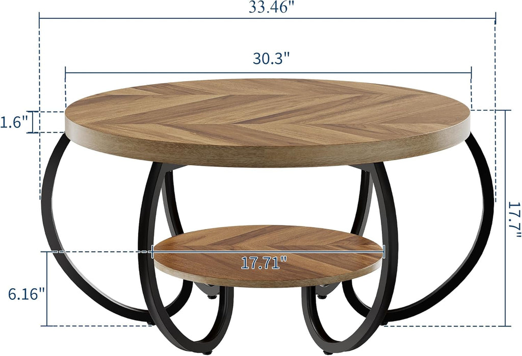 GarveeHome Round Coffee Table 30 in Center Table, 2-Tier Coffee Table Industrial Accent Tables with Adjustable Feet, Living Room Tables with Storage Shelf and Designed Wood Grain, Easy Assemble