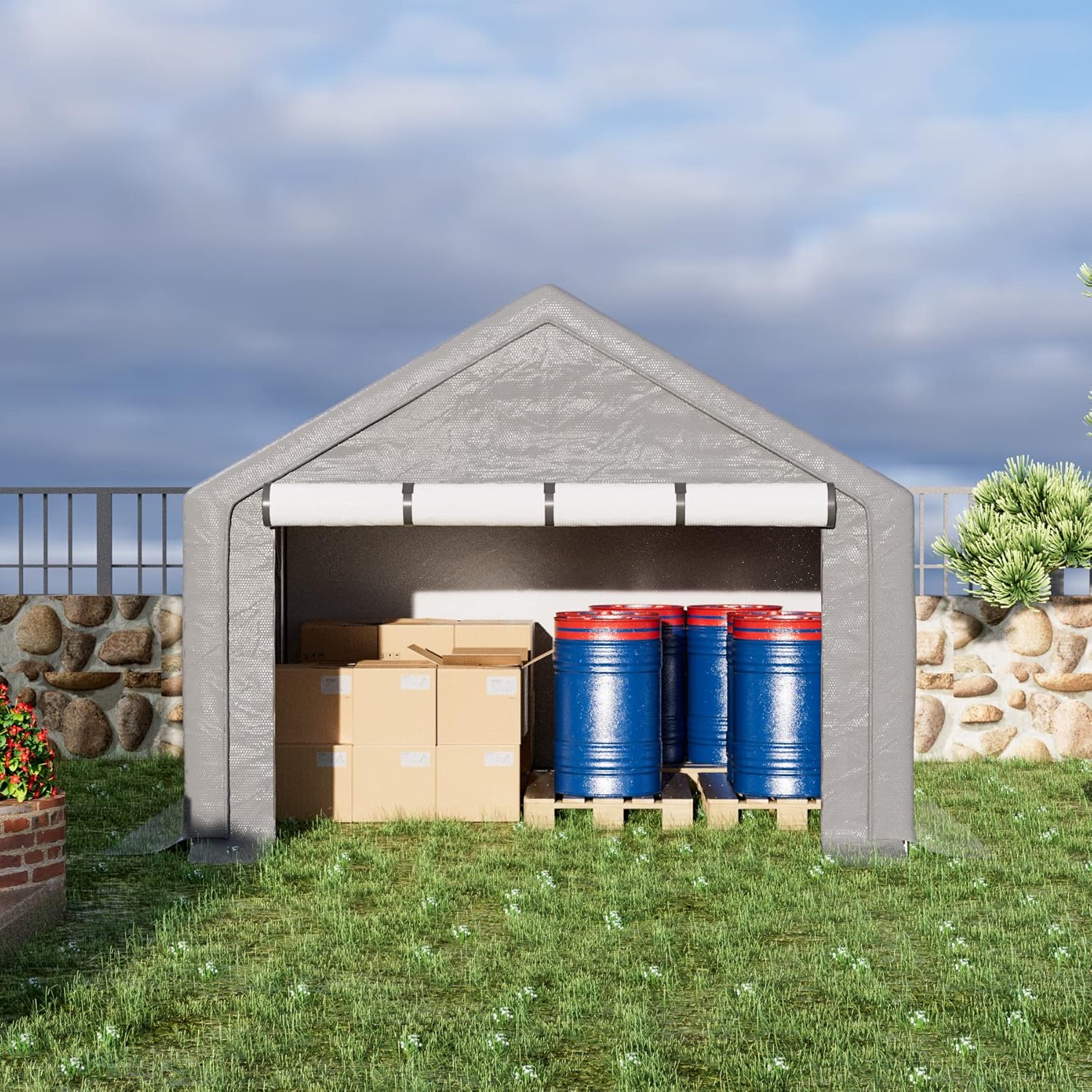 8x8 ft Outdoor Storage Shelter with Zipper Door, Portable Garages Shelters, Waterproof and UV Resistant Carport Shed for Bicycle, Motorcycle ATV, Lawn Mowers (8x8 FT)