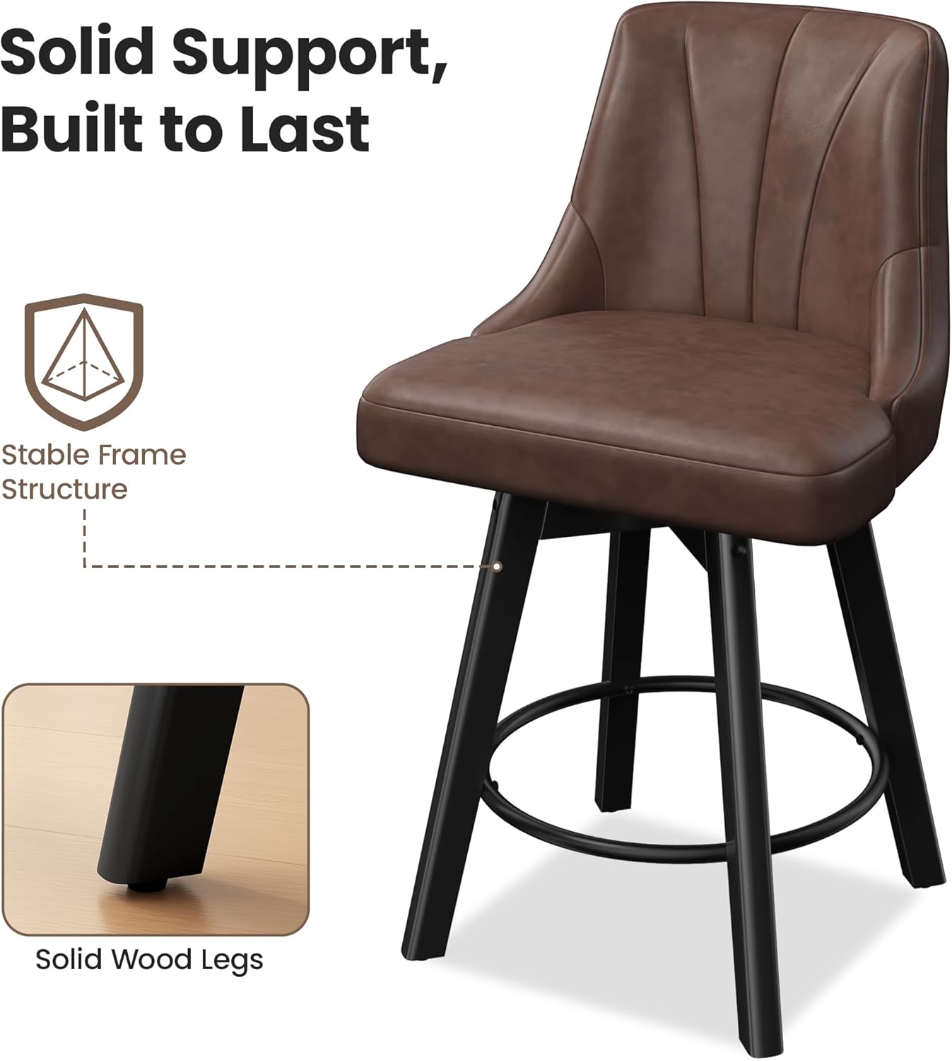 Counter Height Swivel Bar Stool, 24" Upholstered PU Leather Barstools Set of 4, Counter Stool Chair with Back & Solid Wood Legs for Kitchen Island Dining Room (Brown)