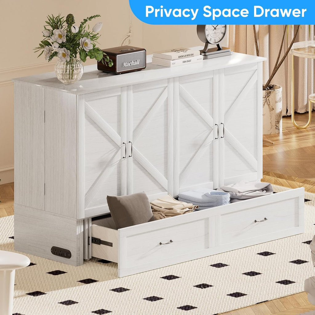 Mjkone Murphy Bed, Cabinet Beds Queen Size with Mattress Included, Built-in Charging Station and Drawer, 63" W Queen Cabinet Murphy Bed, Hidden Guest Beds for Living Room, Bedroom, Apartment, White