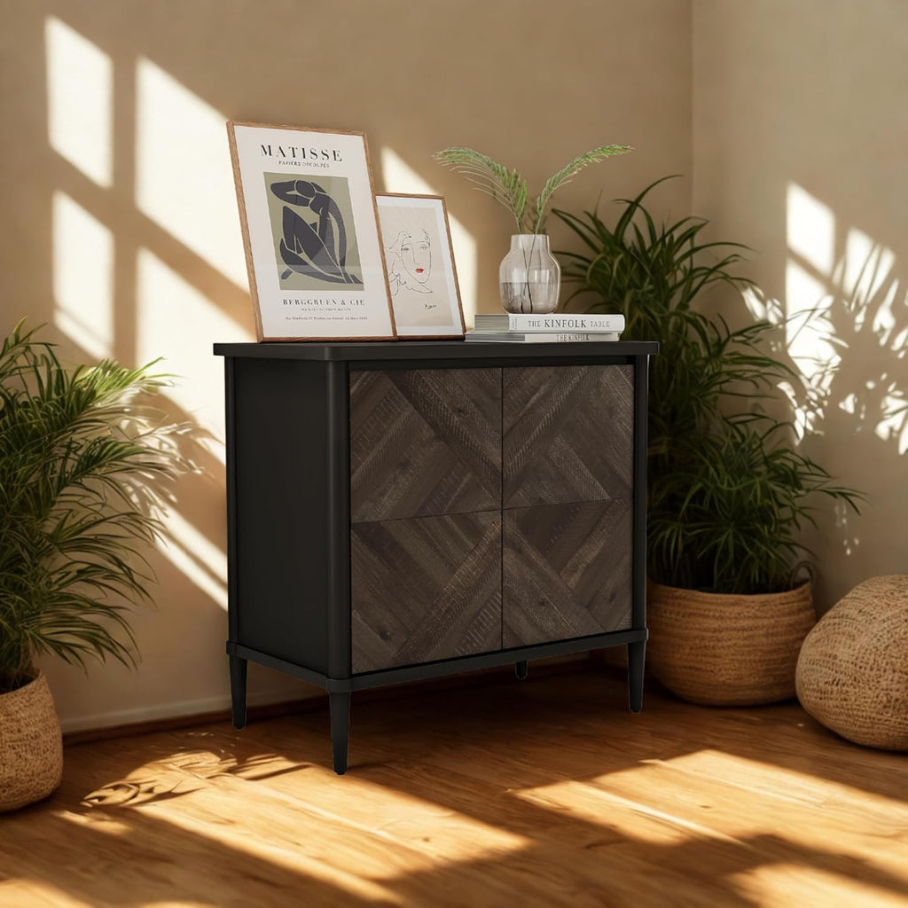 Howizz Lenia Solid Wood Storage Cabinet with Diamond Pattern Doors, Rustic Farmhouse Accent Cabinet for Living Room, or Entryway, Durable Acacia Wood, Mocha Black